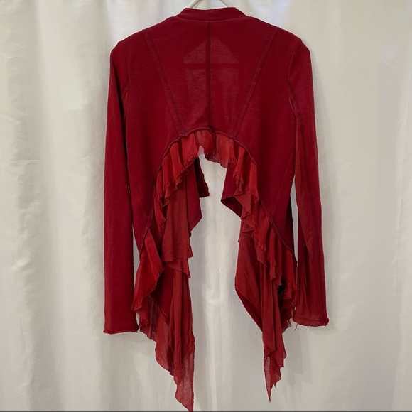 Free People Crop Back Layered Shrug Cardigan Red One Size Waterfall Cascade Hem - Picture 2 of 10